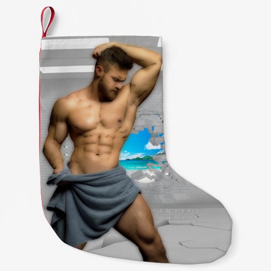 SlipperyJoe's Mannen handdoek gebroken witte bakst Kleine Kerstsok (Voorkant)