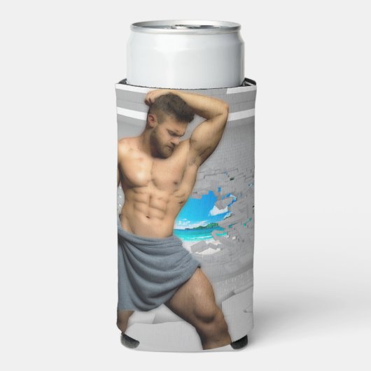 SlipperyJoe's Mannen handdoek gebroken witte bakst Seltzer Blikjeskoeler (Seltzer Voorkant)