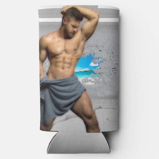 SlipperyJoe's Mannen handdoek gebroken witte bakst Seltzer Blikjeskoeler (Achterkant)