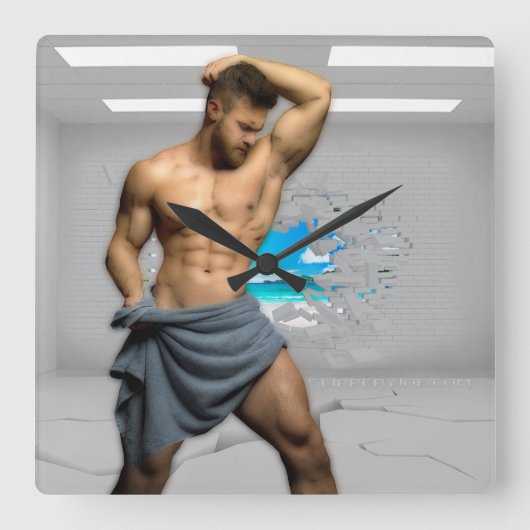 SlipperyJoe's Mannen handdoek gebroken witte bakst Vierkante Klok (Voorkant)