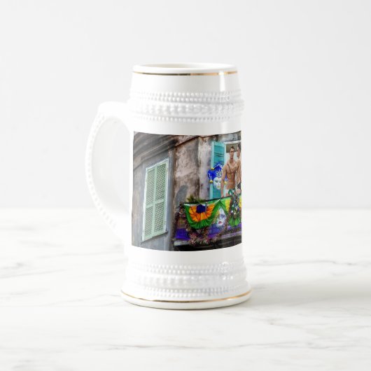 SlipperyJoe's Mardi Gras Mannen paarse gouden groe Bierpul (Voorkant links)