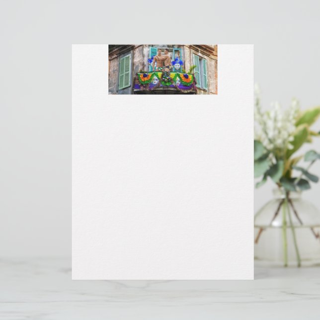 SlipperyJoe's Mardi Gras maskers kralen decoraties Briefhoofd (Staand voorkant)