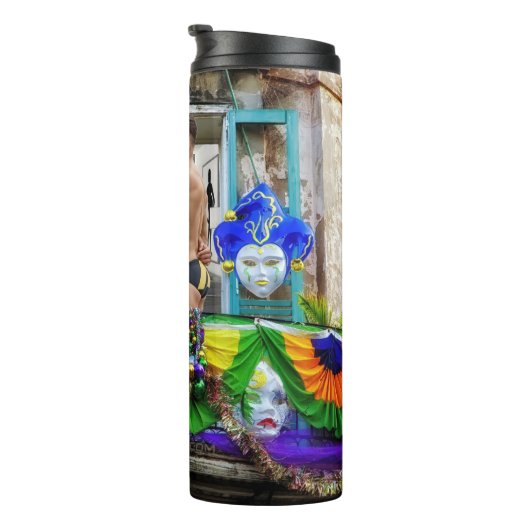 SlipperyJoe's Mardi Gras maskers kralen decoraties Thermosbeker (Geroteerd rechts)