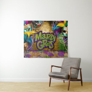 SlipperyJoe's Mardi Gras-thema grafische doubloons Wandkleed