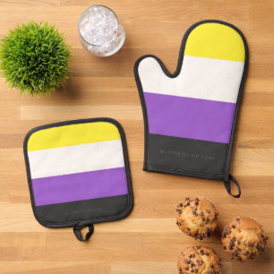 SlipperyJoe's Non-binaire Pride-vlag geel wit paar Ovenwant & Pannenlap Set