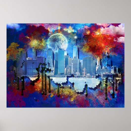 SlipperyJoe's NYC wolkenkrabbers graffiti maan geb Poster (Voorkant)