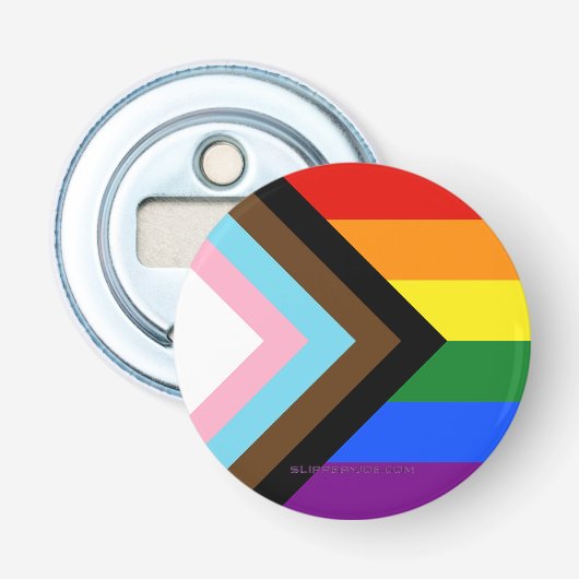 SlipperyJoe's Progress Pride-vlag zes klassieke ho Button Flesopener (Voorkant)