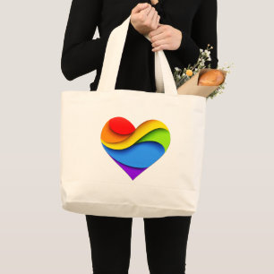 SlipperyJoe's regenboog gelaagde hartvorm rood ora Grote Tote Bag