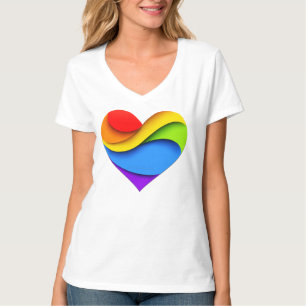 SlipperyJoe's regenboog gelaagde hartvorm rood ora T-shirt