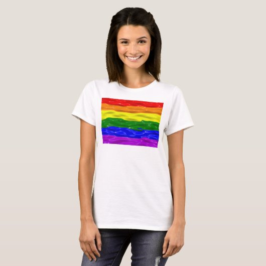 SlipperyJoe's regenboog trots kleuren glanzende vl T-shirt (Voorkant volledig)