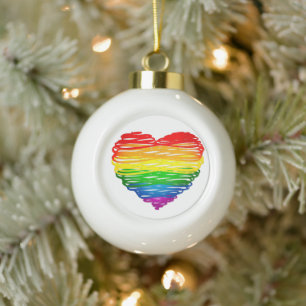 SlipperyJoe's regenboogkleurige hart gekrabbelde w Keramische Bal Ornament
