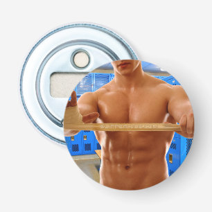 SlipperyJoe's shirtloze gespierde man abs borst sc Button Flesopener