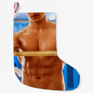 SlipperyJoe's shirtloze gespierde man abs borst sc Kleine Kerstsok