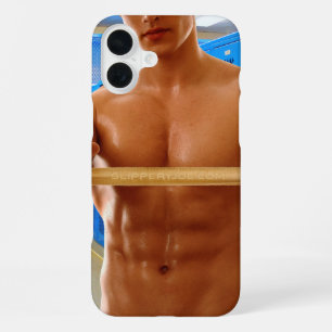 SlipperyJoe's shirtloze gespierde man abs borst sh iPhone 16 Plus Hoesje