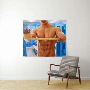 SlipperyJoe's shirtloze gespierde man abs borst sh Wandkleed
