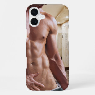 SlipperyJoe's shirtloze gespierde mannen torso six iPhone 16 Plus Hoesje