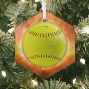 SlipperyJoe's softball op vuurbal vuurbal Glas Ornament