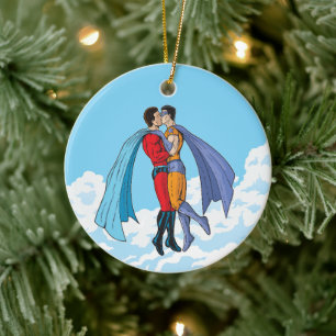 Slipperyjoe's twee superhelden kussen karakters f keramisch ornament