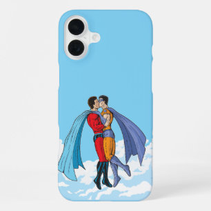 Slipperyjoe's twee superhelden kussende karakters iPhone 16 plus hoesje