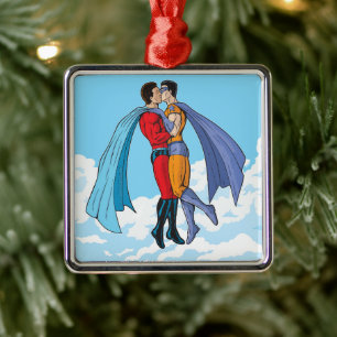 Slipperyjoe's twee superhelden kussende personages metalen ornament