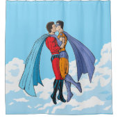 SlipperyJoe's twee superhelden zoenen vliegende au Douchegordijn (Voorkant)