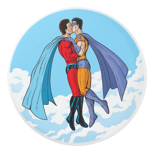 SlipperyJoe's twee superhelden zoenen vliegende au Keramische Knop (Voorkant)