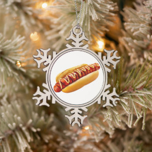 SlipperyJoe's zomerse BBQ-sfeer hotdog genesteld z Tin Sneeuwvlok Ornament