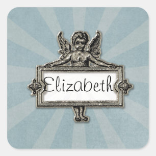Sliver Angel Naam Bord Blauw Starburst Vierkante Sticker