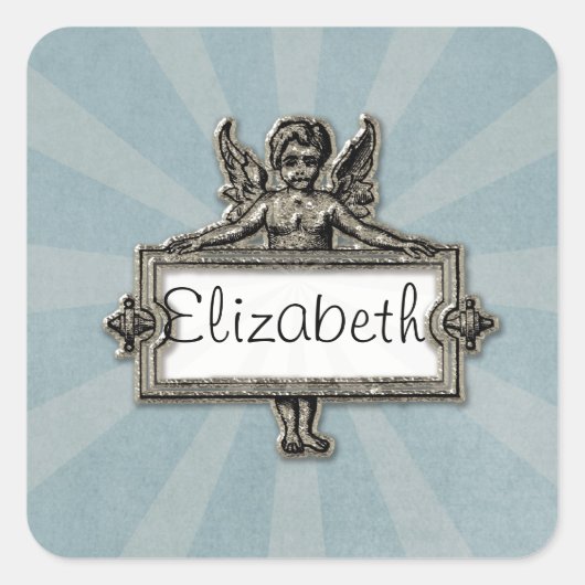 Sliver Angel Naam Bord Blauw Starburst Vierkante Sticker (Voorkant)