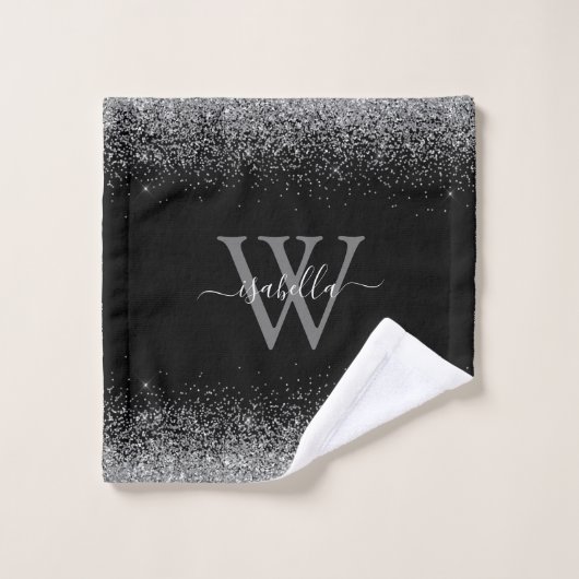 Sliver Black Glitter Elegant Script Name Bad Handdoek (Wasdoekje)
