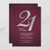 Sliver Glitter 21st Birthday Party Burgundy Kaart (Voorkant / Achterkant)