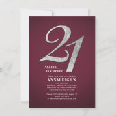 Sliver Glitter 21st Birthday Party Burgundy Kaart (Voorkant)