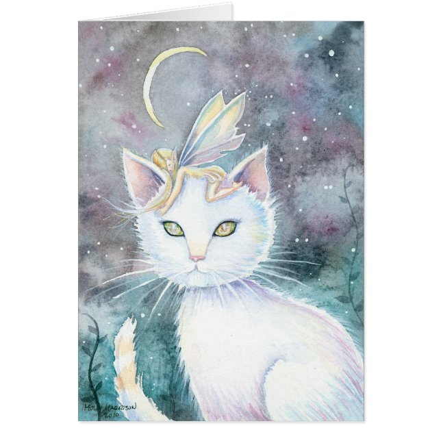Sliver Moon Cat en Fairy Waterverf Kaart (Voorkant)