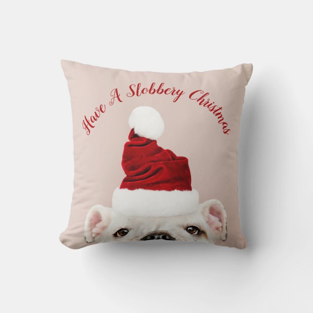 Slobbery Bulldog kersthond met Santa Hat Kussen (Voorkant)