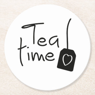 Slogan tea time - theetijd. kopje thee drinken. ronde kartonnen onderzetter