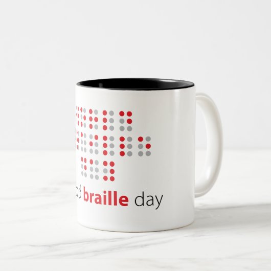 Slogan World braille day. Wereld braille dag. Tweekleurige Koffiemok (Voorkant rechts)
