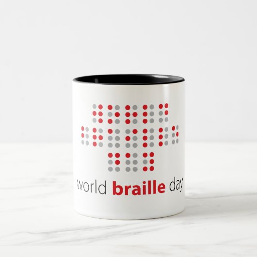 Slogan World braille day. Wereld braille dag. Tweekleurige Koffiemok (Center)
