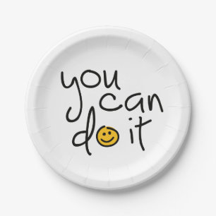 Slogan you can do it, je kunt het of jij doet het. papieren bordje