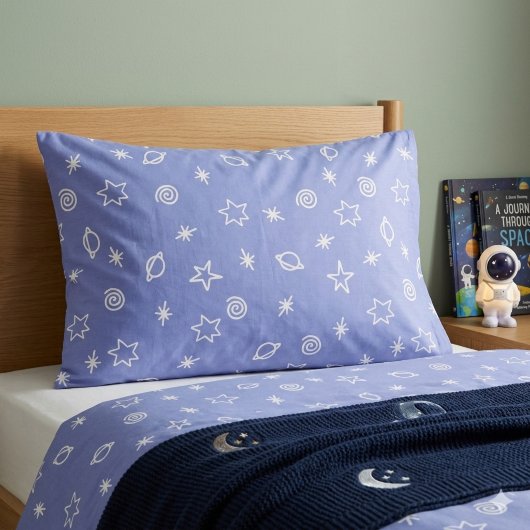 Sloopkussen Blauw Ruimte Doodle Sterren Planeten Kussensloop