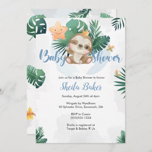 Slote Uitnodiging, Sloth Baby shower Uitnodiging (Voorkant / Achterkant)