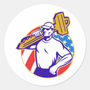 Slotenmaker Holding Key met Amerikaanse vlag Retrp Ronde Sticker