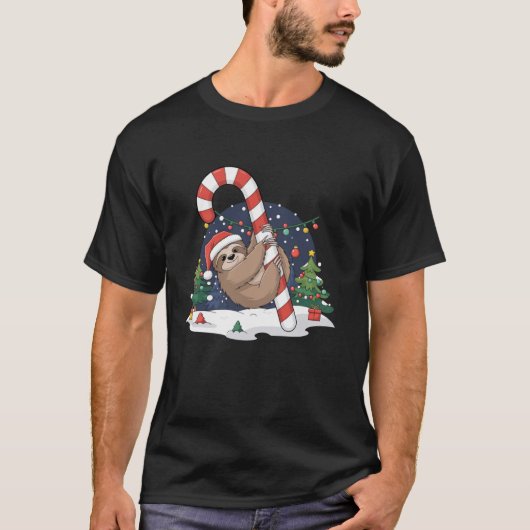 Sloth and Giant Candy Cane Christmas Pajama for Sl T-shirt (Voorkant)