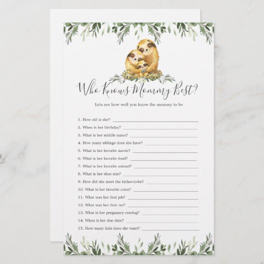 Sloth Animals Baby shower die mama het beste kent (Voorkant / Achterkant)
