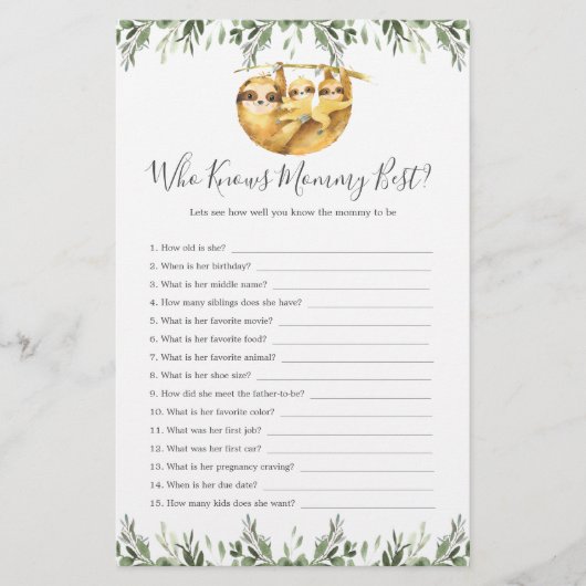 Sloth Animals Baby shower die mama het beste kent (Voorkant)