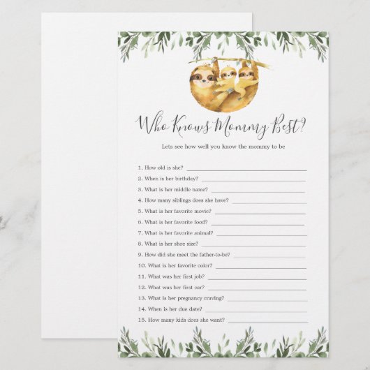 Sloth Animals Baby shower die mama het beste kent (Voorkant / Achterkant)