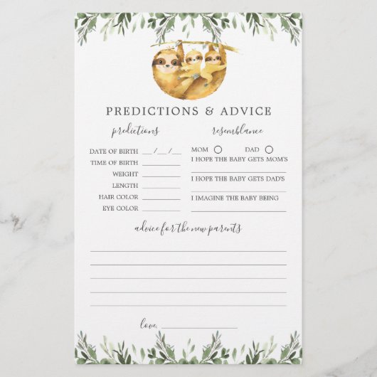 Sloth Animals Baby shower Voorspellingen en Advies (Voorkant)