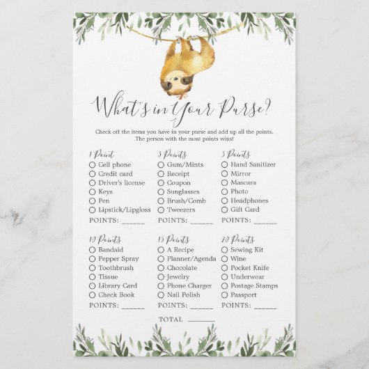 Sloth Animals Baby shower Wat zit er in je tas (Voorkant)