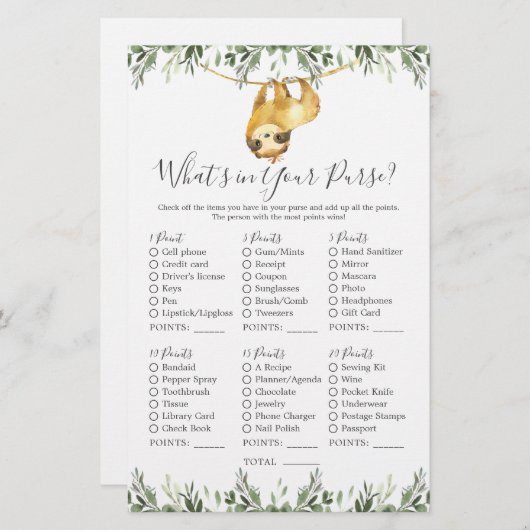 Sloth Animals Baby shower Wat zit er in je tas (Voorkant / Achterkant)