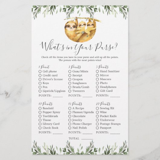 Sloth Animals Baby shower Wat zit er in je tas (Voorkant)