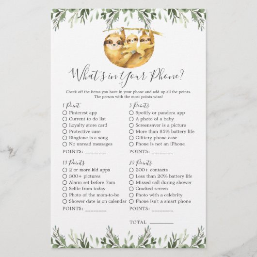 Sloth Animals Baby shower Wat zit er in je telefoo (Voorkant)